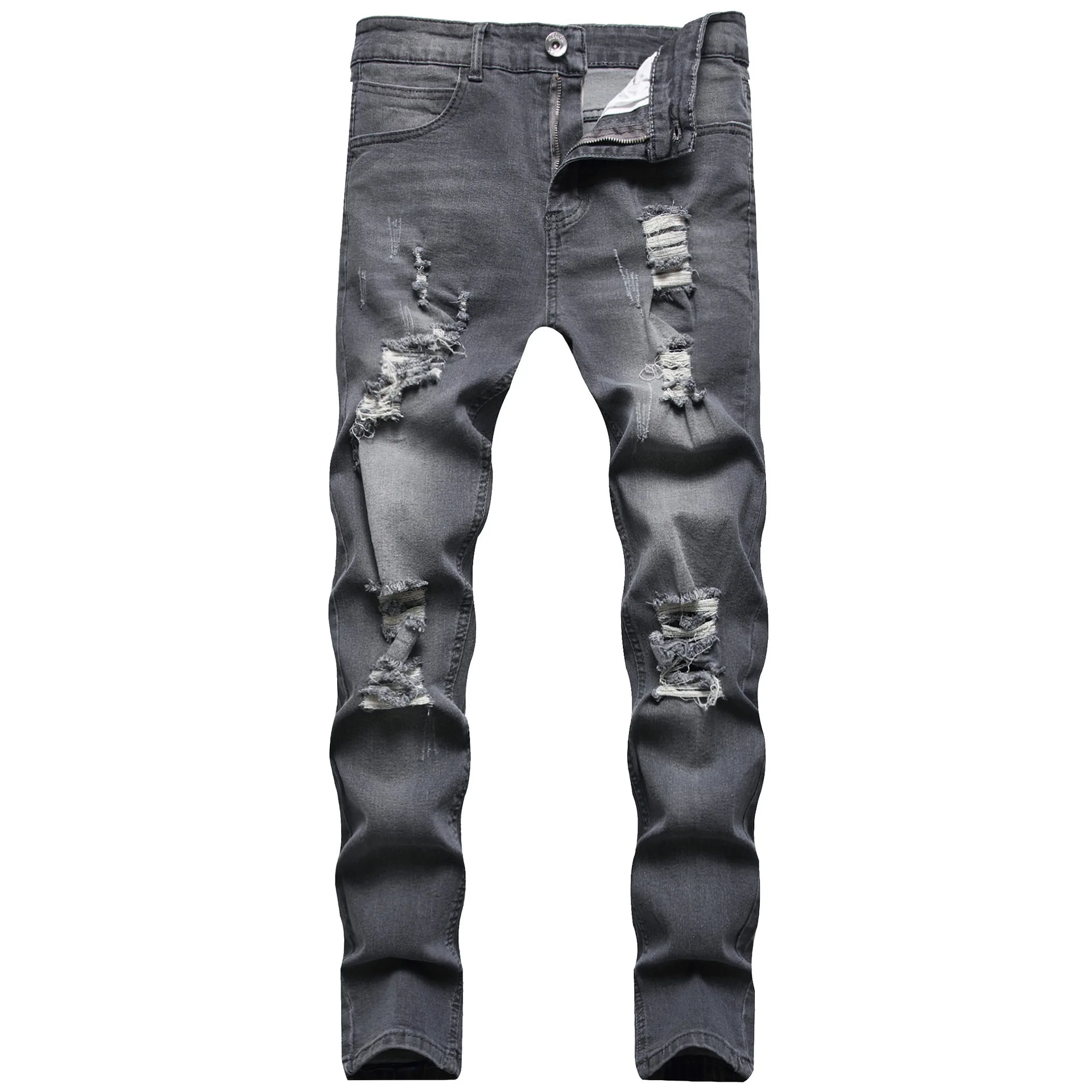 

New European and American style men's black-gray hole grinding white slim jeans feet pants.