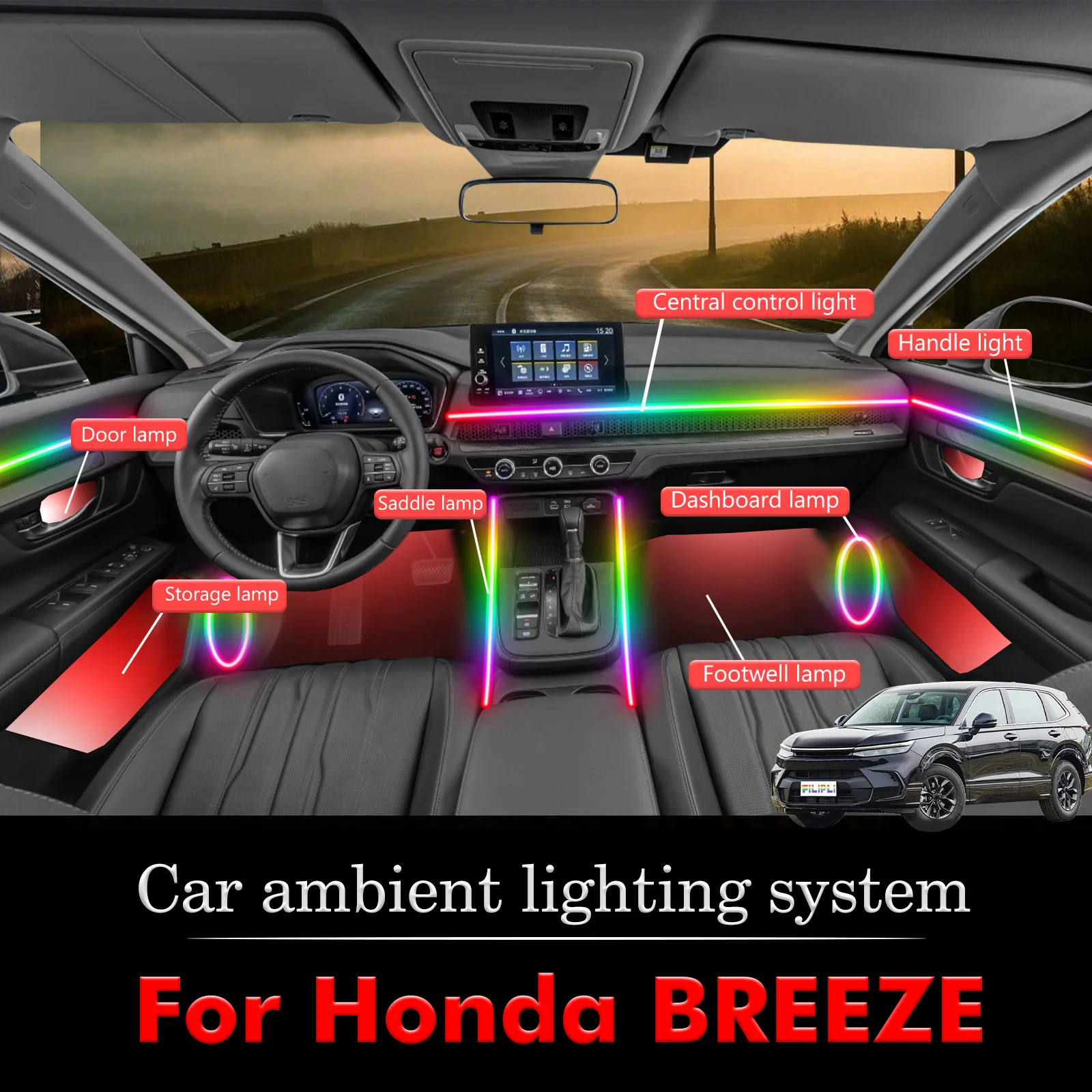 

For Honda BREEZE Car Interior Mood Ambient Light RGB 64-Color LED Smart Remote Control Atmosphere Lamp Energy Saving Kit