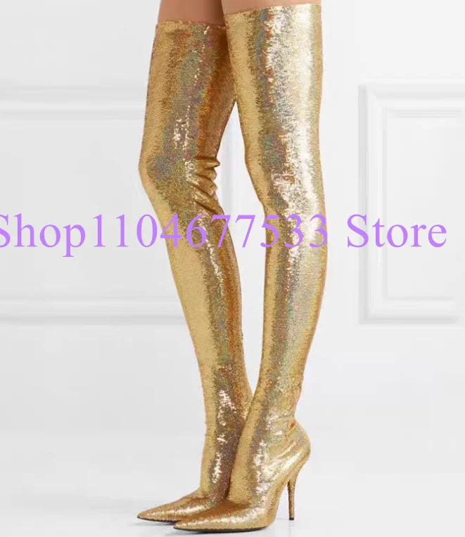 

Sexy Bling Bling Sequin Over the Knee Boots Lady Fashion Pointed Toe Stiletto Heel Long Boots Woman Night Club Shoes