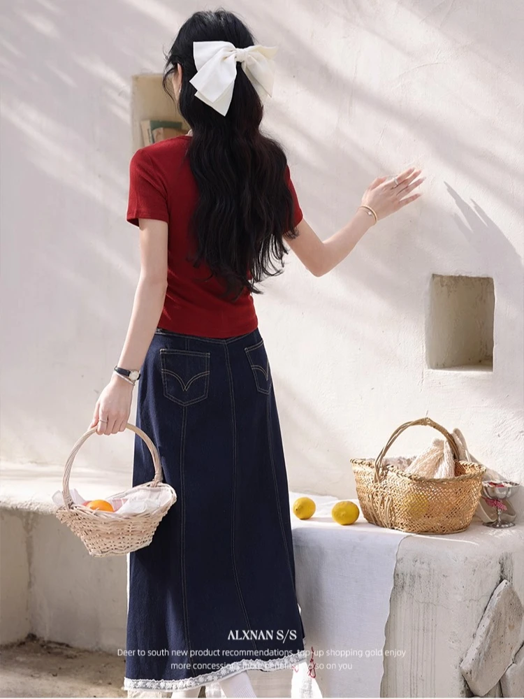 ALXNAN Women's Long Skirt Blue Vintage High-waist A-line Midi Denim Skirt 2025 Summer Casual Lace Design Ladies Clothing L55711