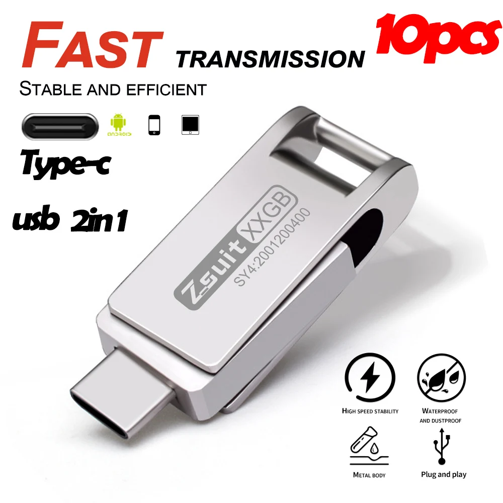 Unidade Flash USB com Logotipo Livre, Metal Mini Pendrive, Disco U, Memory Stick, 2in 1, 4GB, 32GB, 10pcs, Tipo C, Novo