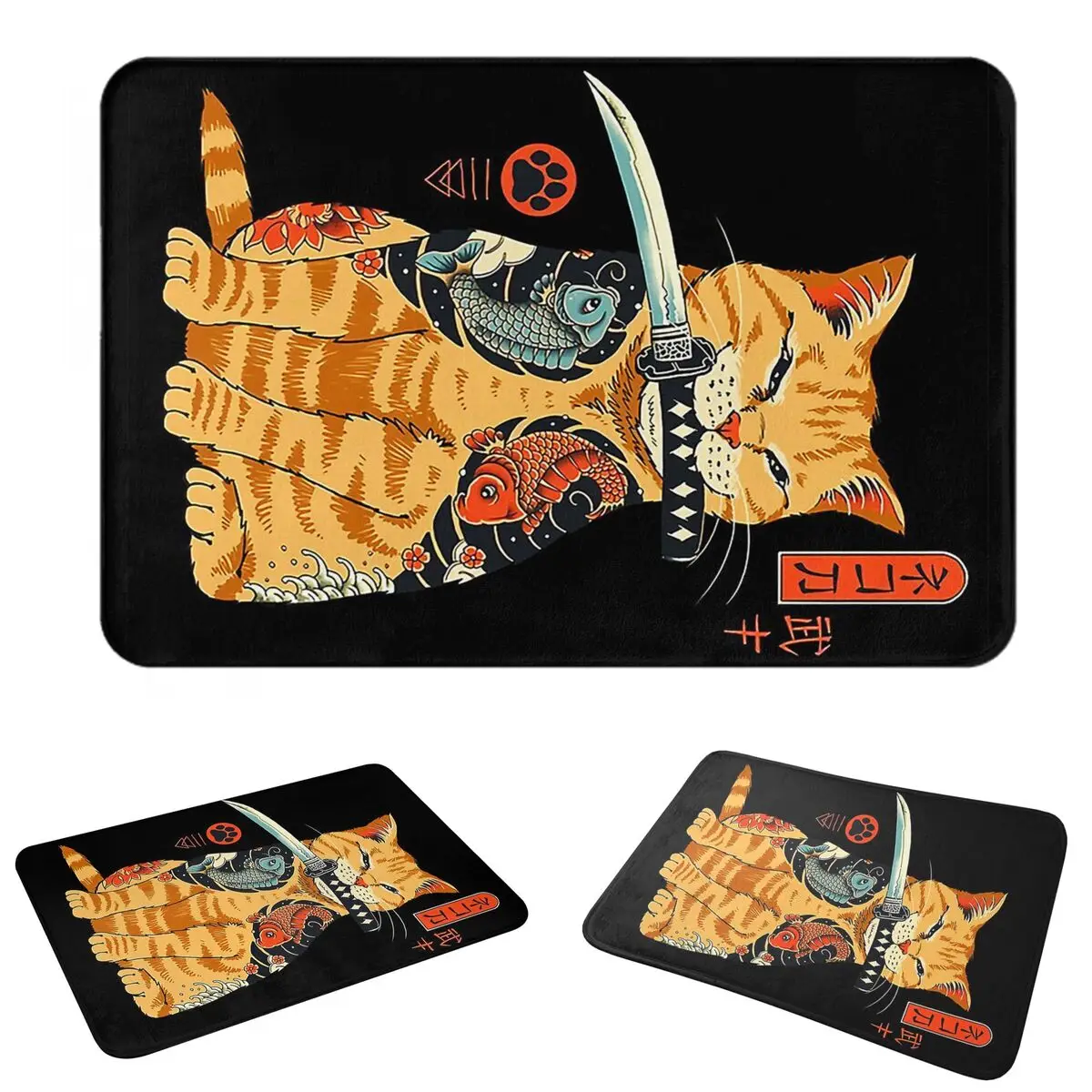 Catana Cats Retro Samurai Yakuza Holder Non-slip Doormat Floor Mat Water oil proof Carpet Rug for Kitchen Entrance Home Bedroom