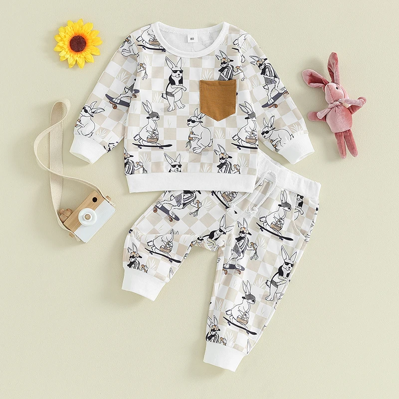 

2023-11-18 Lioraitiin 0-3Y Toddler Kid Boys Easter Day Sets Long Sleeve Bunny Checkerboard Print Tops and Drawstring Pants Sets