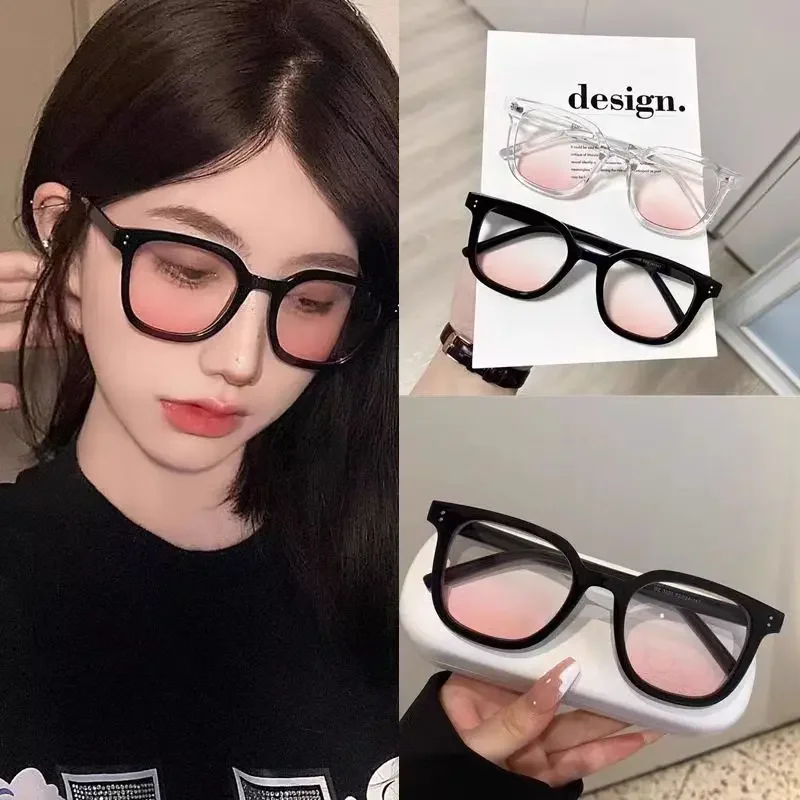 Pink Powder Blusher Glasses Women Fashion Korean Oversized Gradual Eyeglasses Black Frame Pink Vintage Trend Square Sunglasses