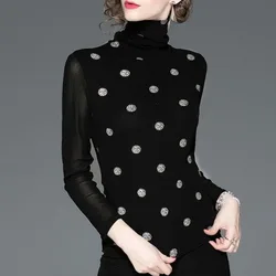 Slim Women's Pullover Polka Printed Dot Tops Autumn and Winter New High Collar Gauze Long Sleeve Fashion T-shirt Female Clothing