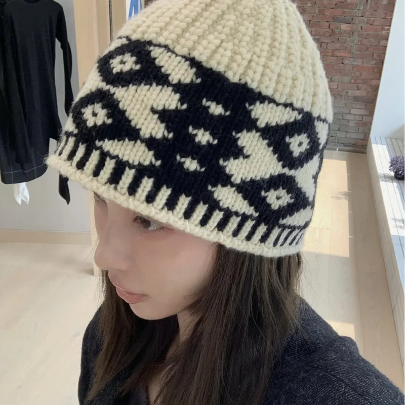 Vintage Knitted Jacquard Woolen Cap All-Match Earflaps Closed Toe Fisherman Basin Hat Men's and Women's Trendy Street Warm Autum