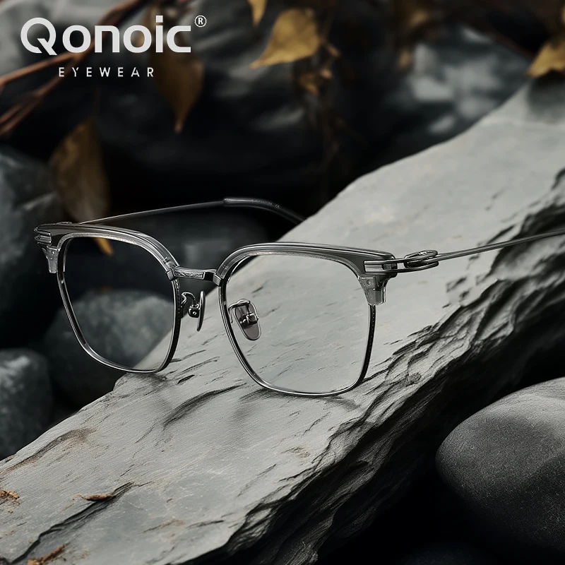 

Qonoic Titanium Square Optical Glasses Classic Browline Glasses Frame Blue Light Blocking Spectacle Brand Designer AT80869