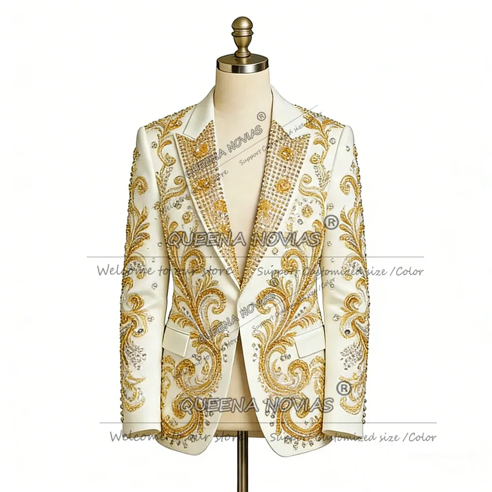 Male Fashion Rhinestones Beads Men Suits 2 Pieces Set Sparkling Tuxedos Wedding Party Attire Customized Blazer Pants Ropa Hombre