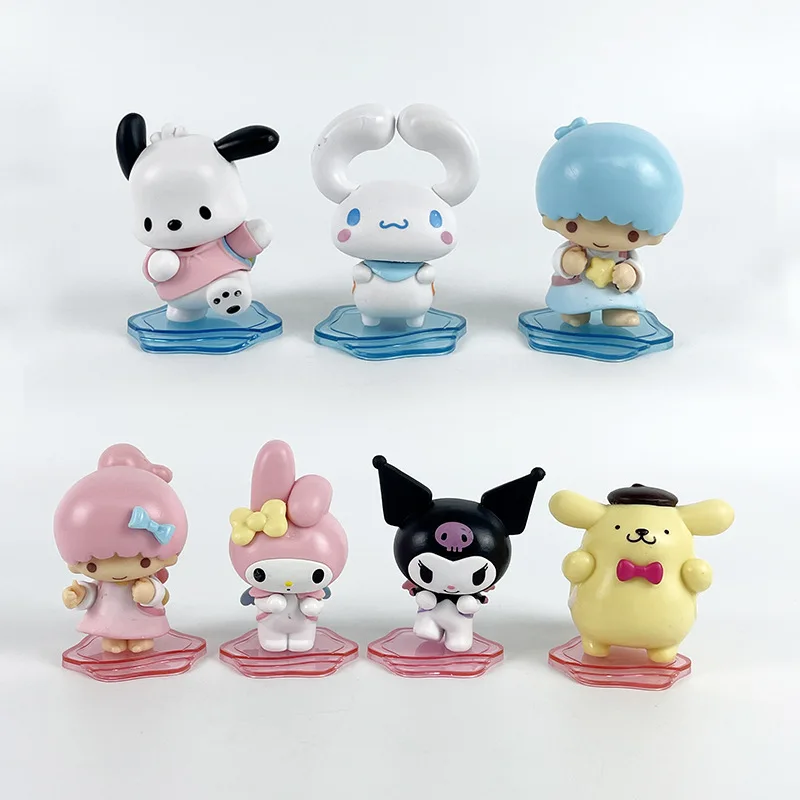 7Pcs/Set Sanrio Kuromi My Melody Cinnamoroll Anime Kawaii Cartoon Pompompurin Little Twin Stars Collectible Desktop Decor Gift