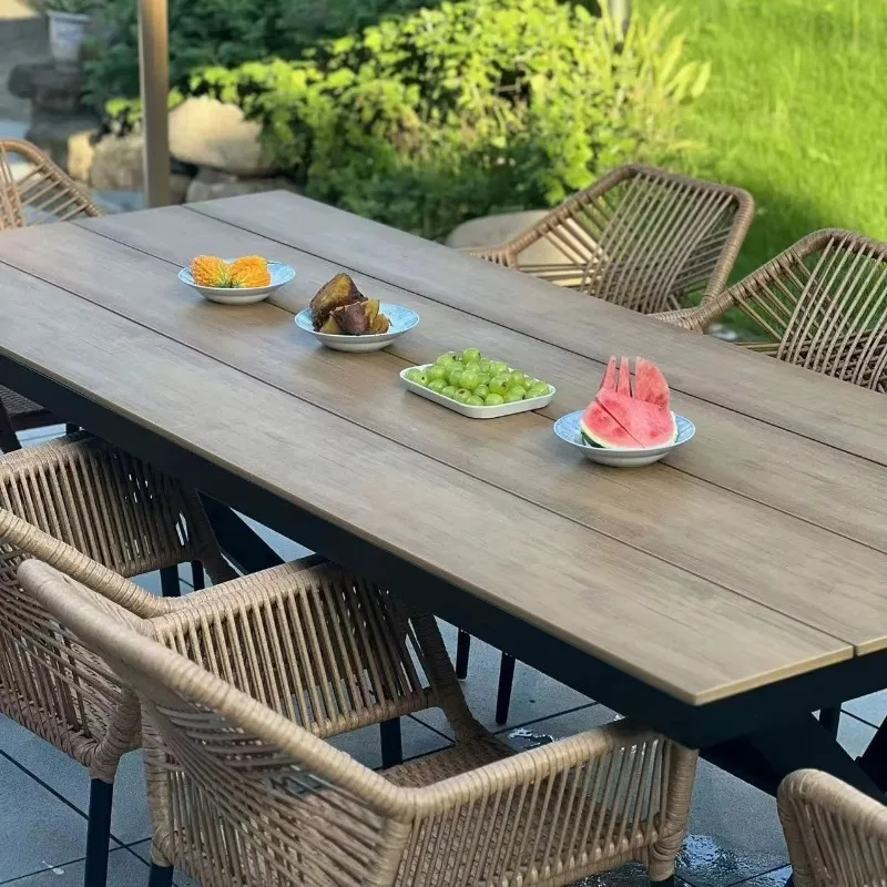 Modern Outdoor Furniture Garden Dining Set Plastic Wood Dining Table and Wicker Rattan Chairs
