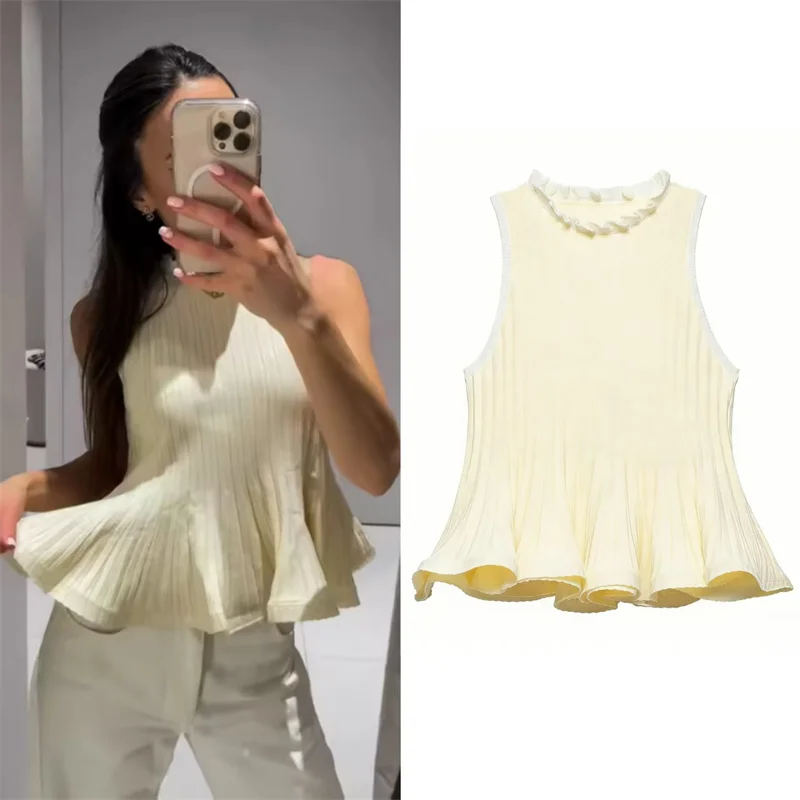 

Новинка Весна 2026: Женский топ-пуловер без рукавов, светло-желтый, с круглым вырезом и подолом в стиле платья, элегантный и модный.