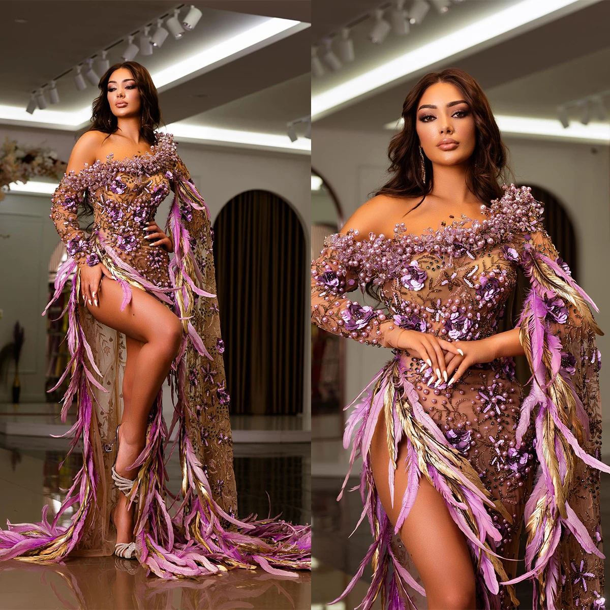 

2023 Arabic Dubai Celebrity Dress Saudi Arabia Custom Made Pearls Beading Prom Dresses Pink Feather Evening Gowns Robe De Soirée