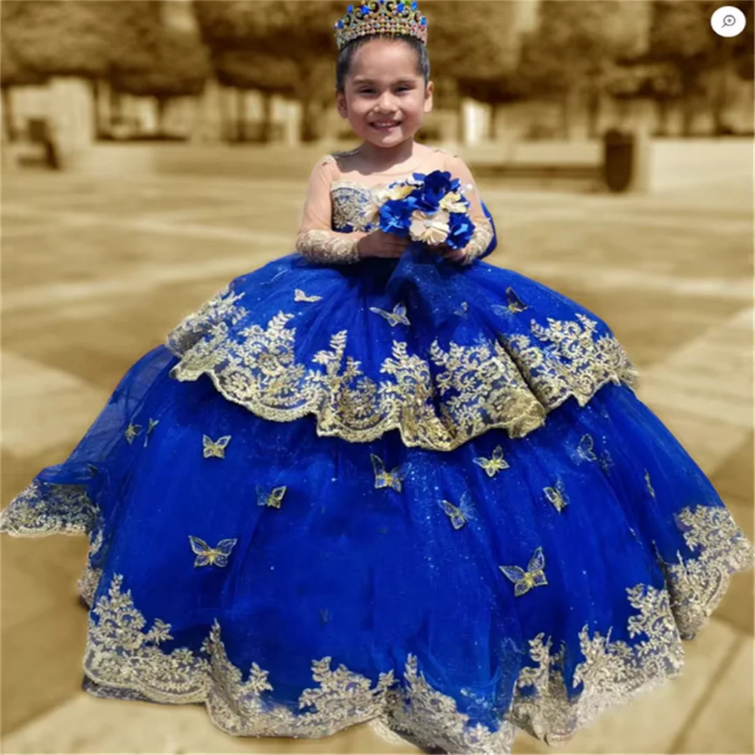 Customised Royal Blue Gold Appliqué Flower Girl Dresses Evening Dresses for Special Occasions Prom Wedding Children Clothes Gir