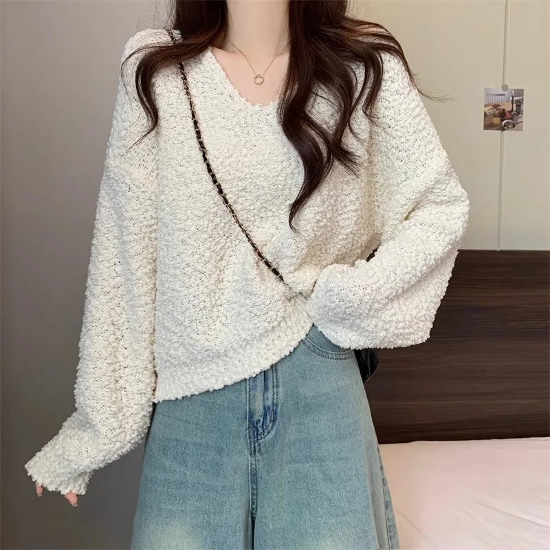 Pink Short V-Neck Knitted Base Shirt Women's Loose Inner Wear Sweater Early Autumn Outfit Top Korean Style Commute Style