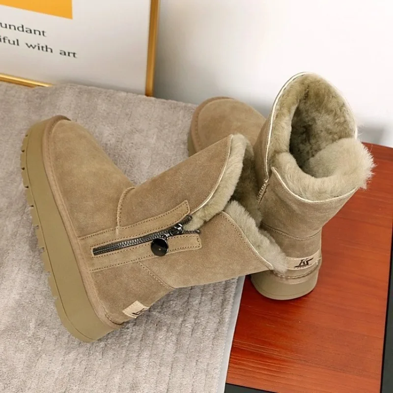

Snow boots women's 2025 winter medium tube fur integrated thick-soled piled thickened zipper warm cotton shoes