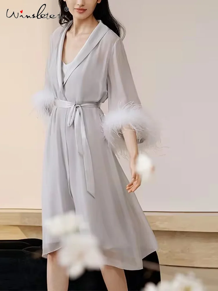 

Winsleter,100%Real Silk Sleeping Robe Dress,Sash French Luxurious Night-robe,Women Feather Sleeve,Summer Autumn P479103QM