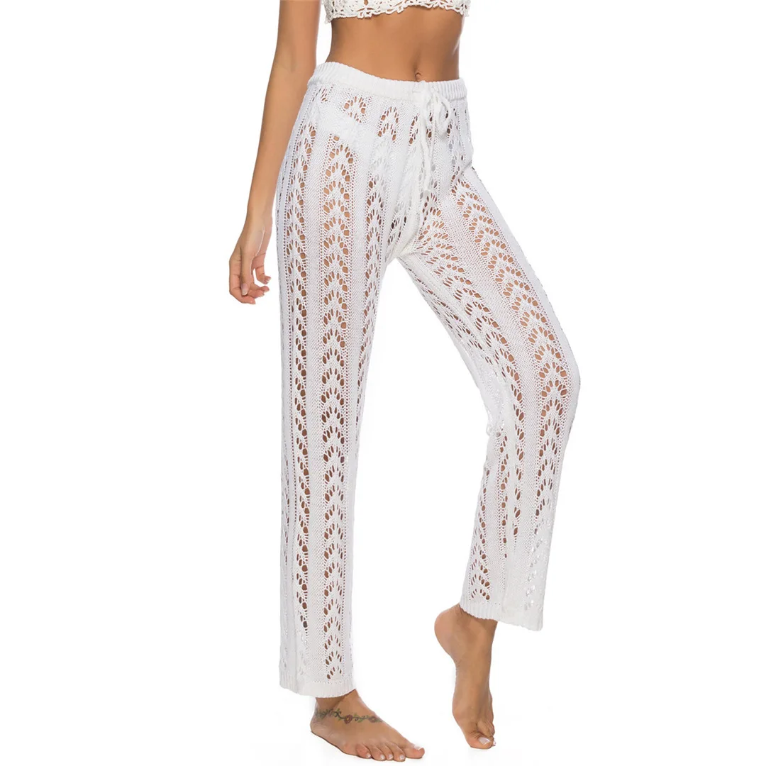 S - XL Damen-Häkel-Strick-Strandhose, ausgehöhlte, elastische, gerade geschnittene, lässige Hose, Urlaub, Strand, weites Bein, Bikini-Überwurf V2651 – Detail 22