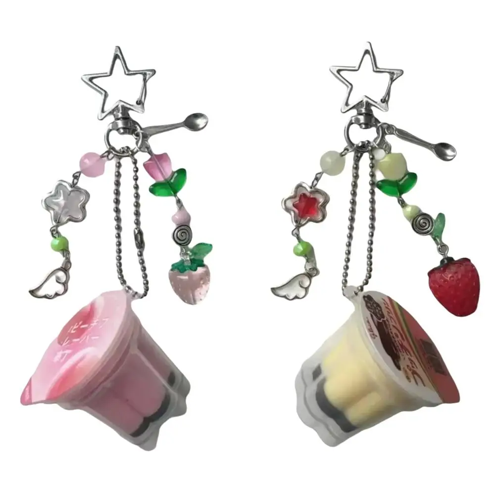 Rosa-Gelber Japanischer Pudding-Schlüsselanhänger, Punk-Sterne, Bunte Perlen, Eierpudding-Anhänger, Retro-Ästhetik, Mond-Sonne-Anhänger, Boho-Schlüsselanhänger