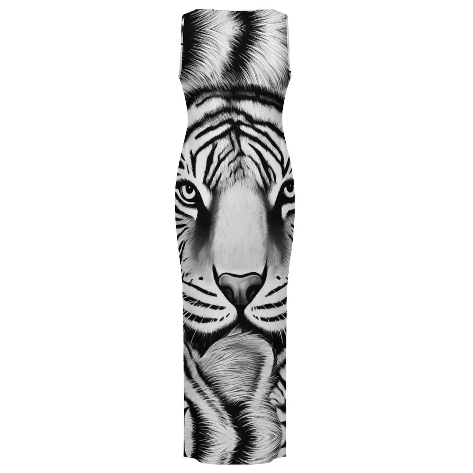 สีดําและสีขาวเสือชุดแขนกุด Retro สัตว์แฟชั่น Maxi ชุดคลับเซ็กซี่ชุดเข้ารูปหญิงพิมพ์ขนาดใหญ่ Vestido