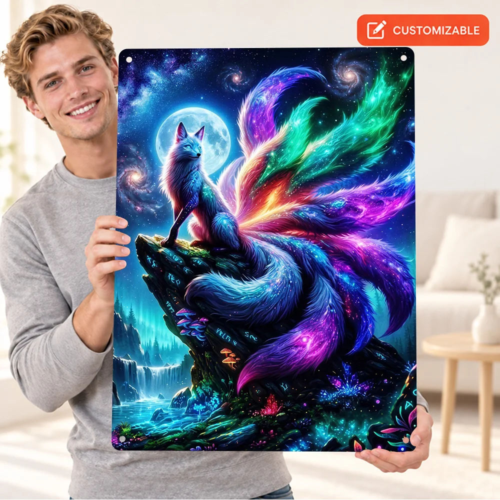 Cosmic Nine-Tailed Fox Printed Poster Customized Aluminum Metal Sign Vivid Neon Digital Illustration Wall Art For Reading Corner