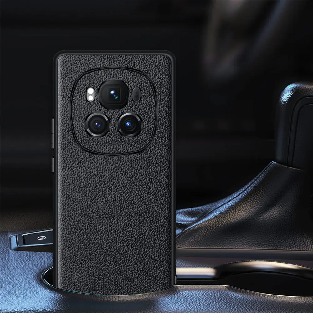 Genuine Cowhide Leather Litchi Slim Case for Honor Magic6 Pro/6 Business Back Cover