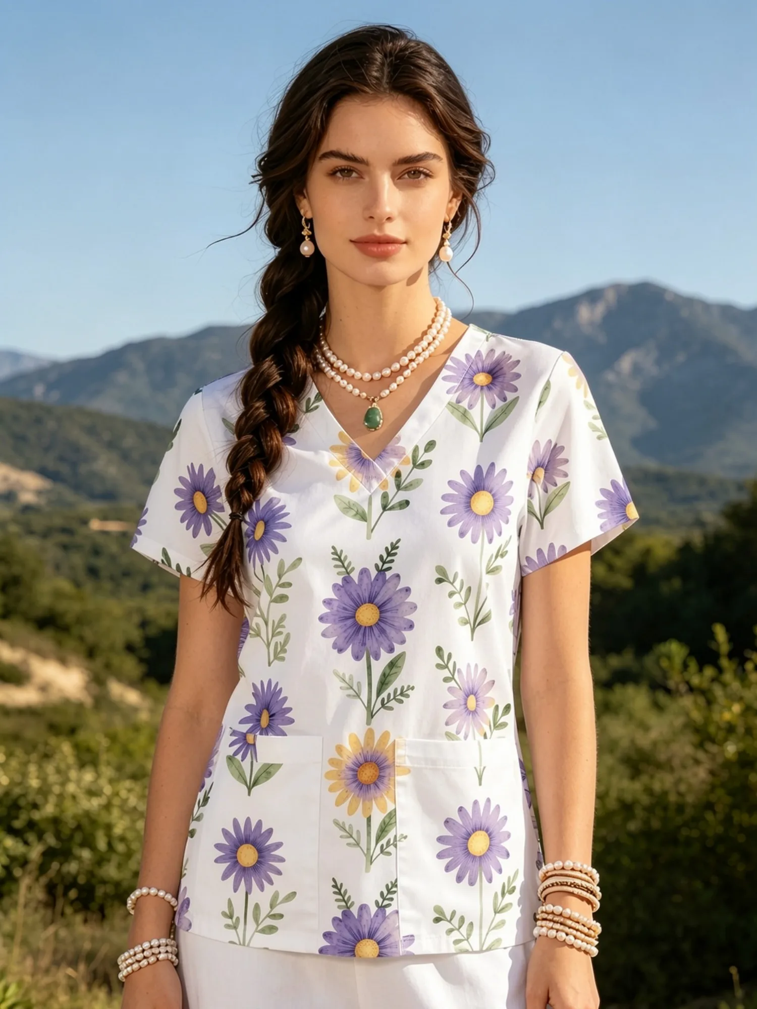 Womens V Neck Nursing Scrub Top With Handy Front Pockets Floral Design Relaxed Casual Style Roomy Loose Fit For Healthcare Teams