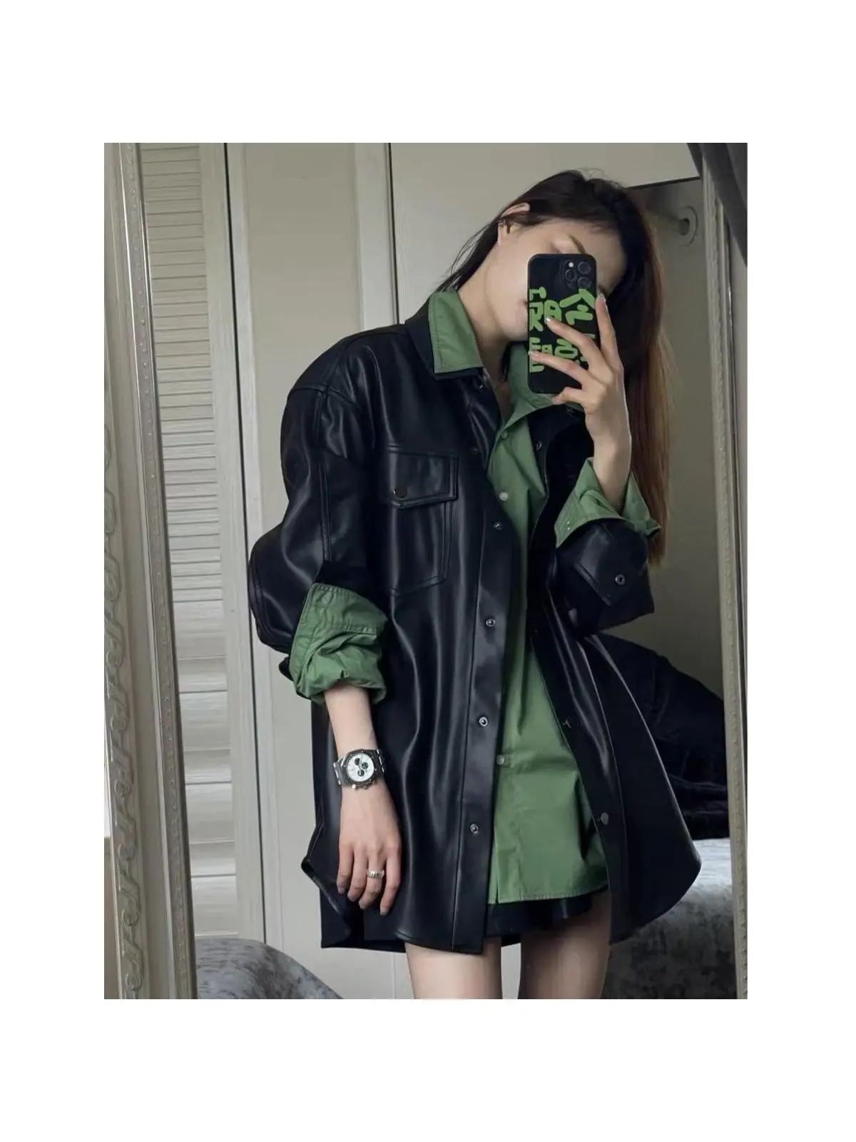 RuiDa Wczesna Jesień 2025 Nowa Luźna Damska Kurtka Casualowa z Ekoskóry PU, Elegancki Skórzany Płaszcz z Długim Rękawem i Ozdobnymi Guzikami