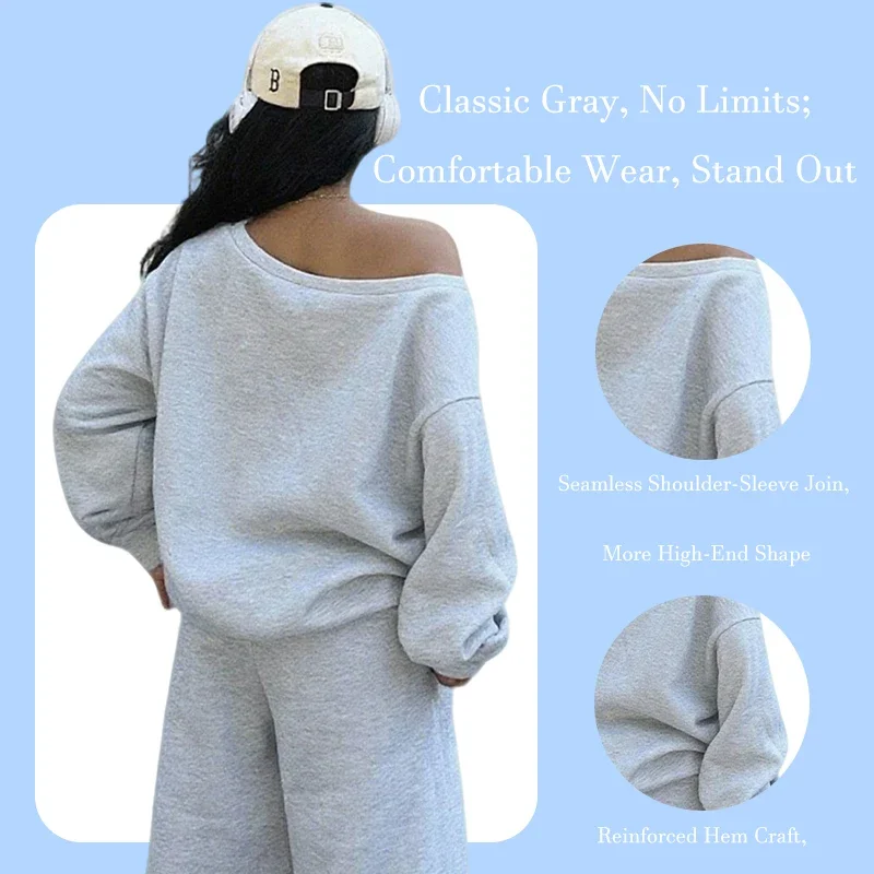 เสื้อฮู้ดแขนยาวแบบใหม่สำหรับผู้หญิงมีดีไซน์ที่หลวมสบาย พร้อมเสื้อเปิดไหล่และกางเกงลำลอง