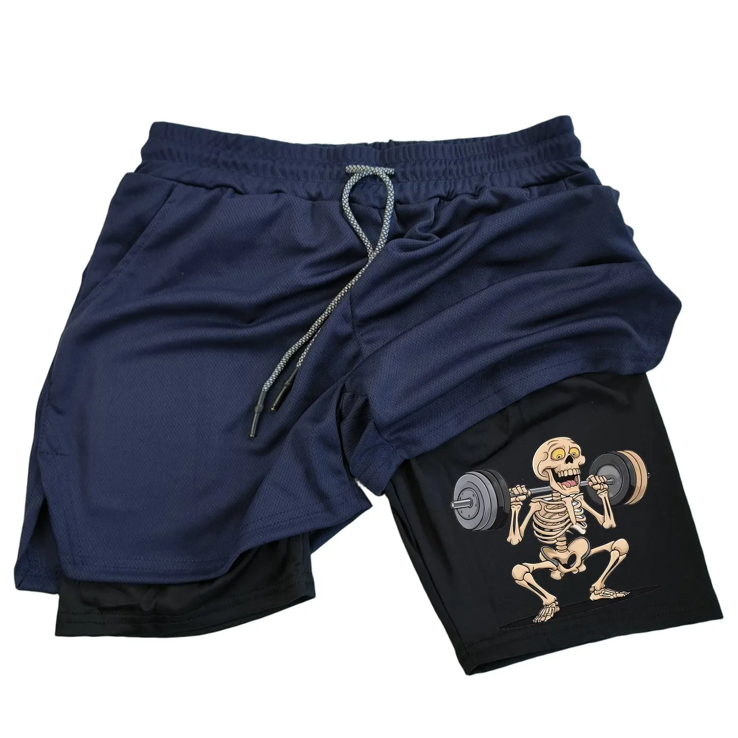 

Men's double-layer sports shorts - Fun print, breathable and quick-drying fabric, phone side pocket + towel hanger ring