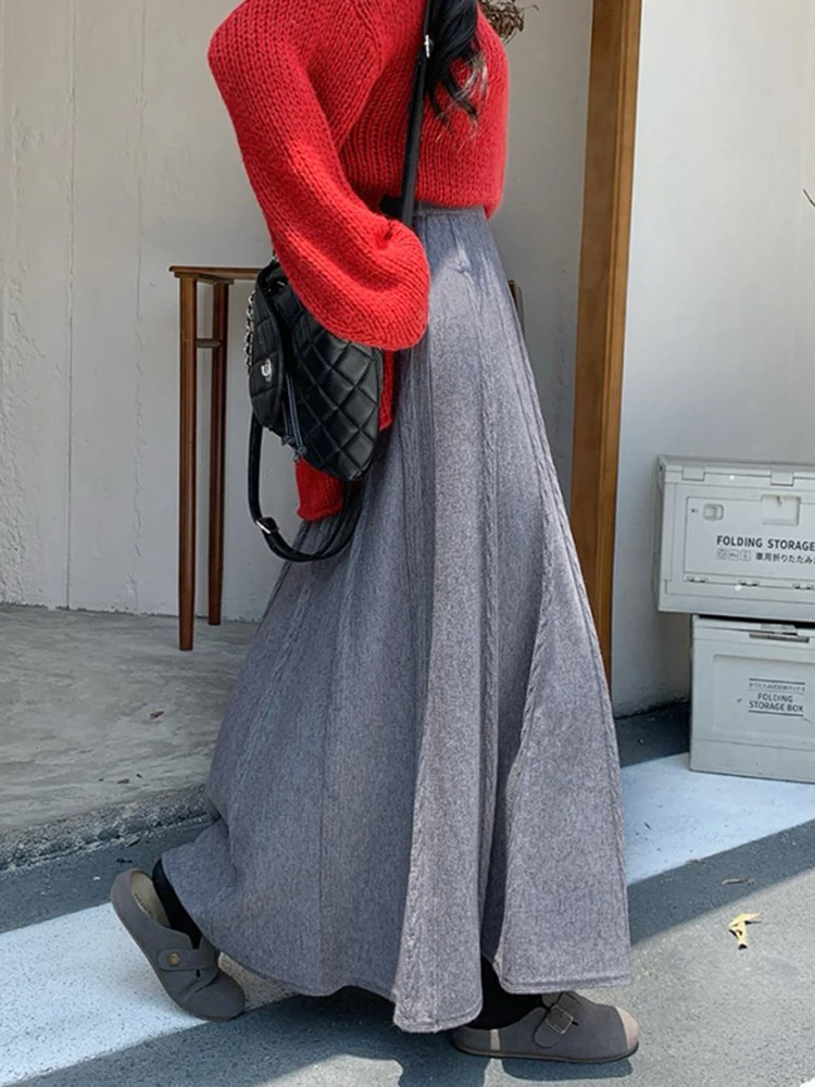 

Thiened Knitted A-Line Midi Skirt Women's Autumn Winter High Waist Draped ey f-length Umbrella Skirt Soft Comfortable ...