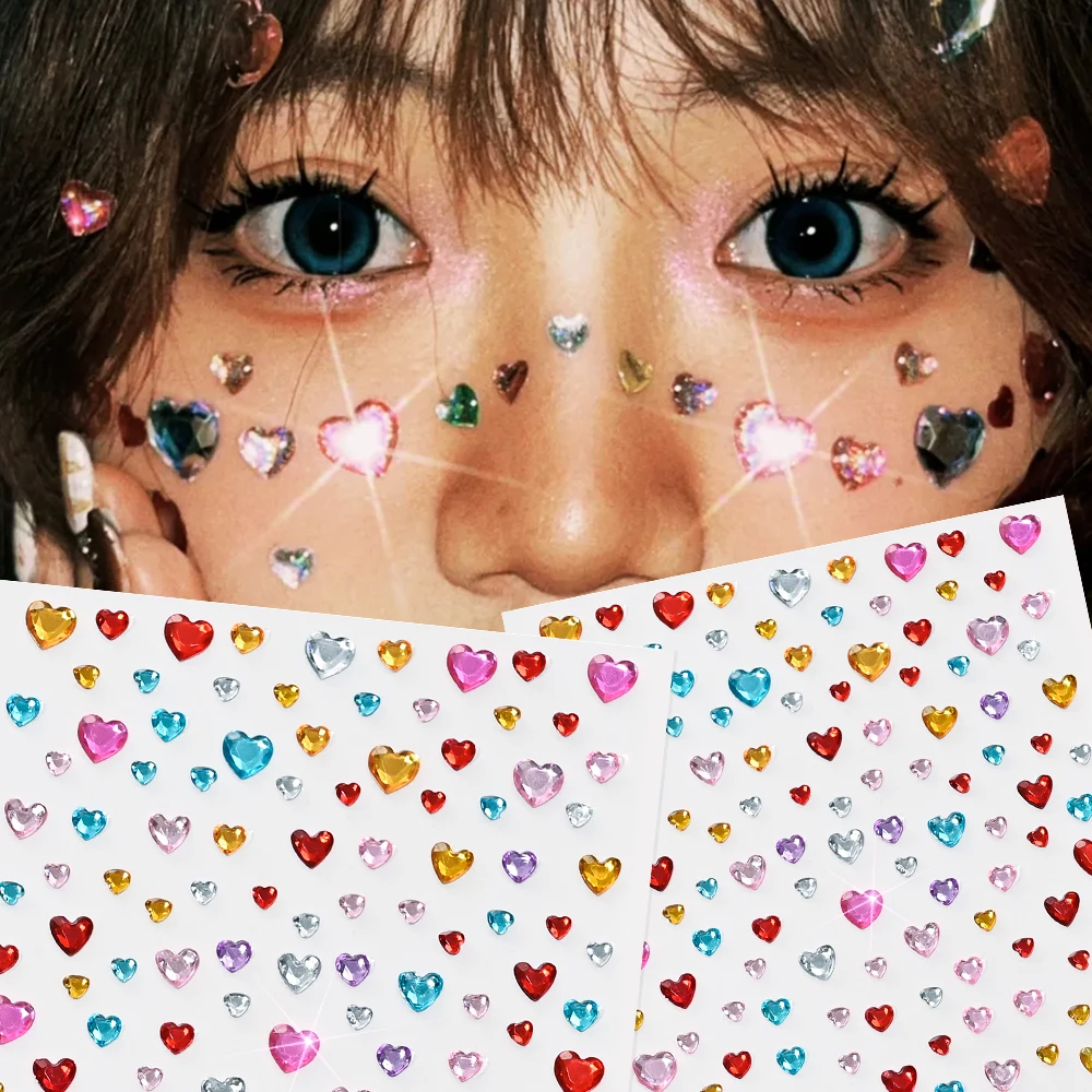 3D Bunte Liebe-Herz Gesicht Edelstein Tattoos Aufkleber Bling Selbstklebende Herz Edelsteine Tattoo für Festival Party Augen Körper Make-Up Dekor – Detail 4