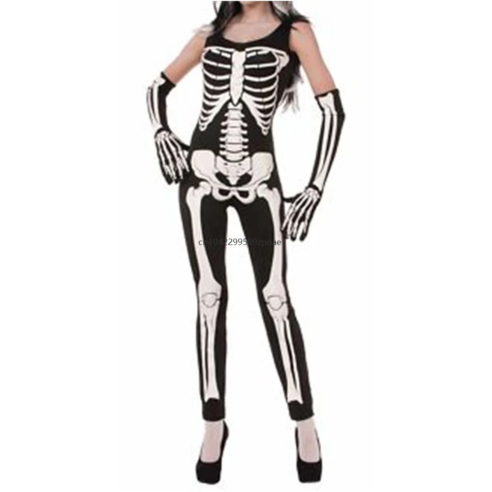 Skeleton Bone Womens Sleeveless Jumpsuit atching Skeleton Long Gloves Dress ave Party Cosplay Stage Performance Bodysuit Costume
