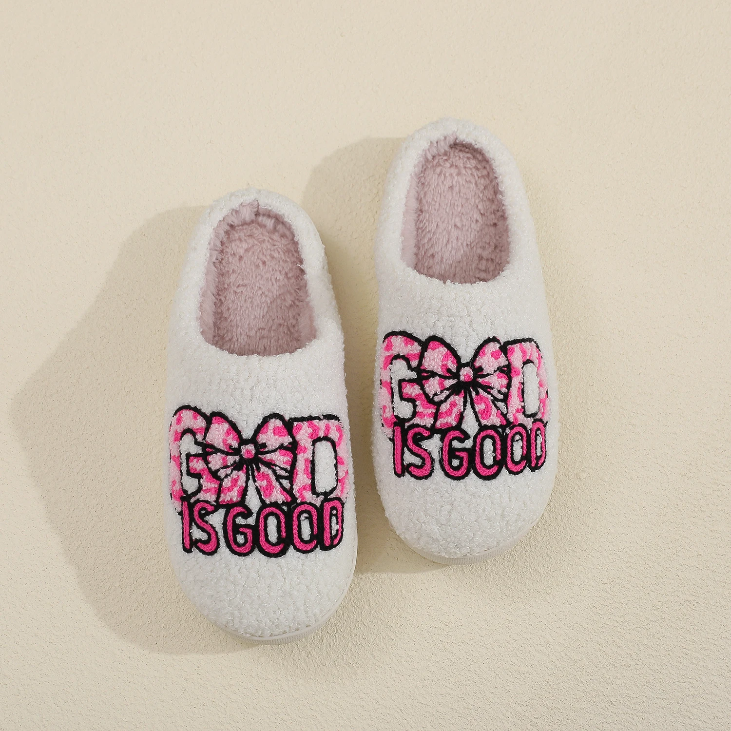 Religious Bible-Themed Godisgood Bow-Knot Embroidered Plush Home Cotton Slippers, with Thick Plush Lining for Warmth in Autumn and Winter, Closed-Toe Design with Non-Slip Soft Soles, Letter Embroidery Conveying a Beautiful Message, Full of Ambiance and Meaning, Filled with Blessings, a Unique and Thoughtful Gift for Mom on Birthdays and Holidays