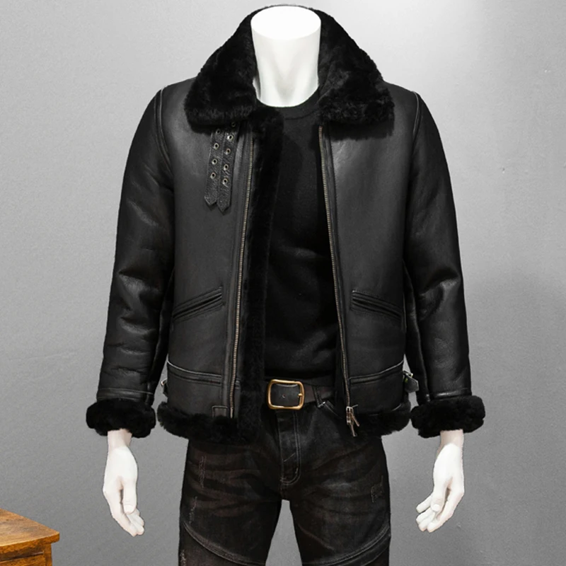 

YR!Free shipping.sales.Brand man B3 genuine leather jacket.winter thick shearling coat.wool outwear.Real warm fur jacket