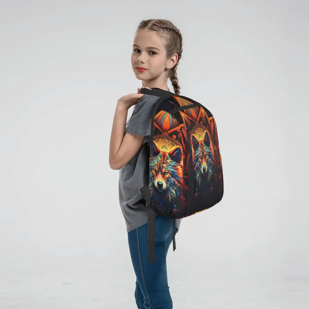 Dreamy Ethnic Style Wolf Backpack Large Capacity Children BookBag School Bag Shoulder Bags for Men Women