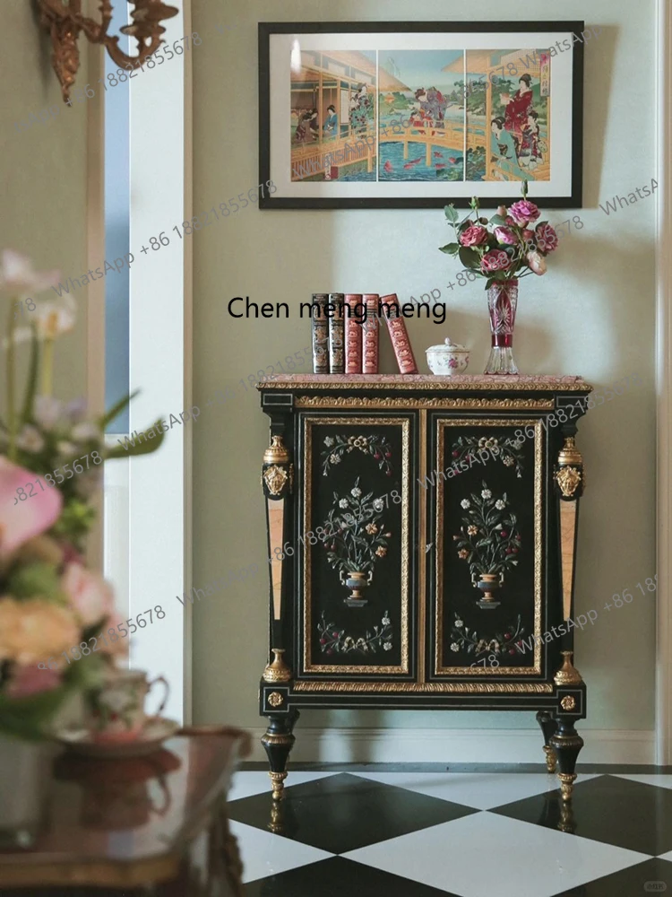 European-style painted dining side cabinet, colorful hard stone inlaid walnut side cabinet, retro storage decorative cabinet