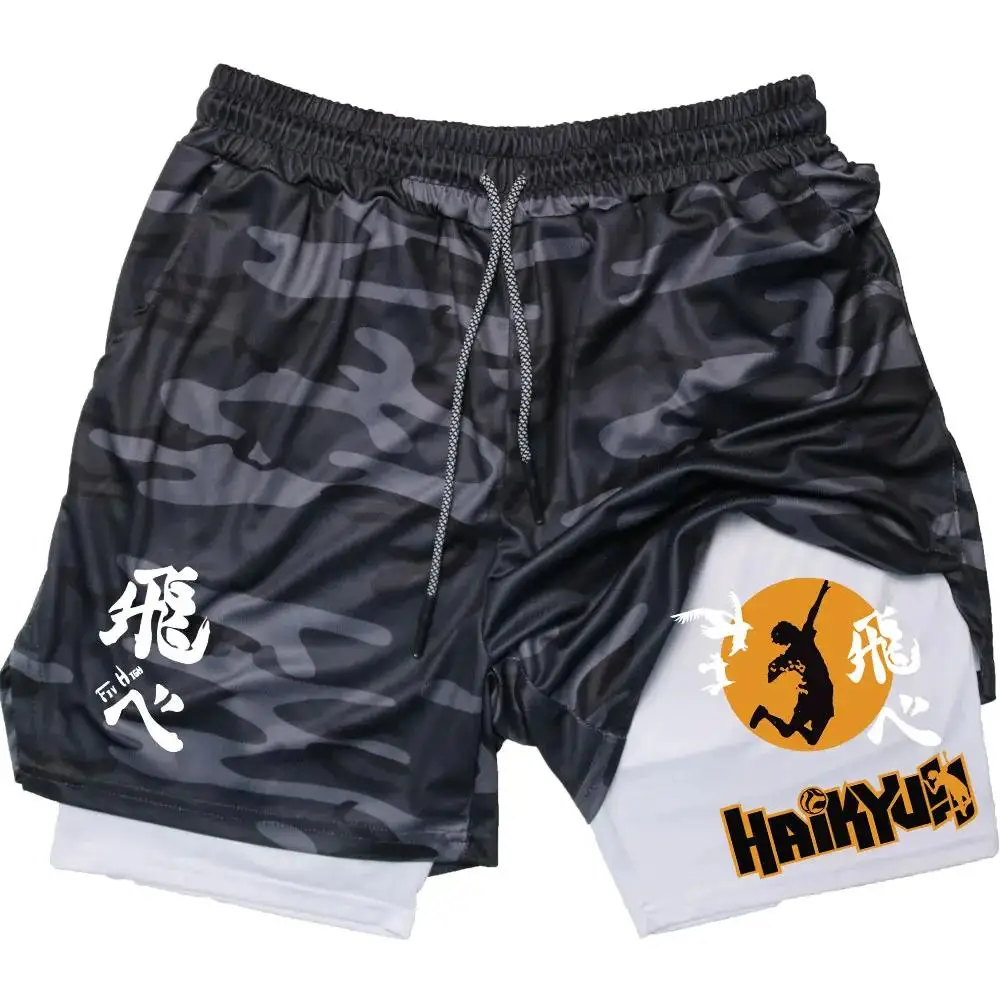 

Новые мужские спортивные шорты Haikyuu 2-в-1 с камуфляжным принтом, быстросохнущие, для бега и тренировок, с карманами, модель 2026 года