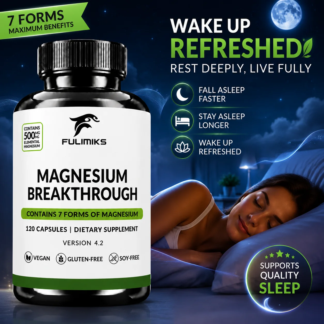 Magnesium Breakthrough Capsules, with Magnesium Glycinate, Malate, Citrate, Support Deep Sleep, Calm, Relieves Anxiety & Stress
