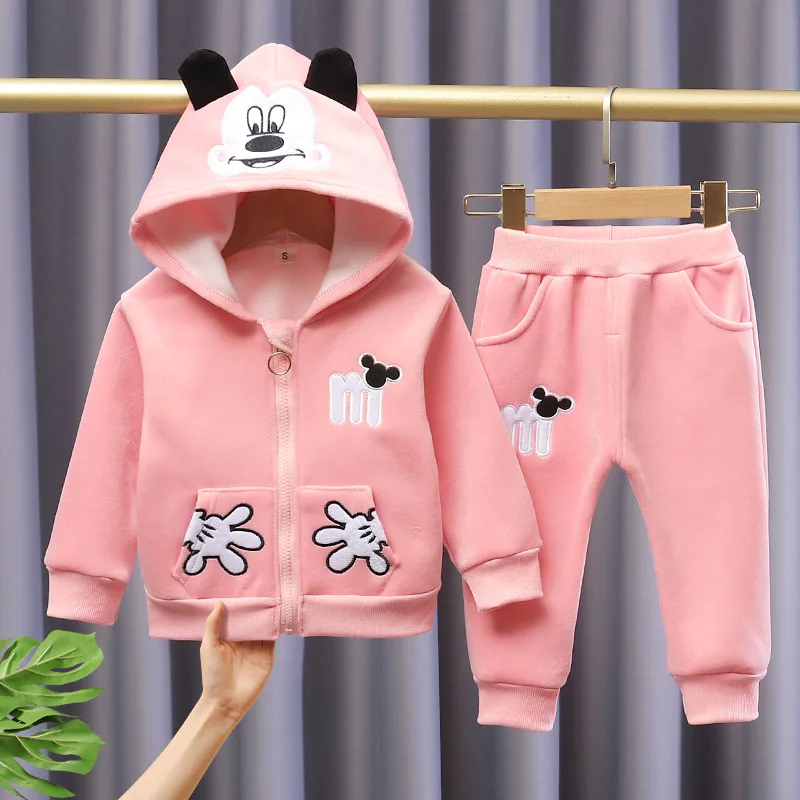 Autumn Winter Baby Girls Minnie Mickey Clothing Set Cartoon Hooded Outerwear Tops Pants 2Pcs Sport Suit Infant Kids Clothes