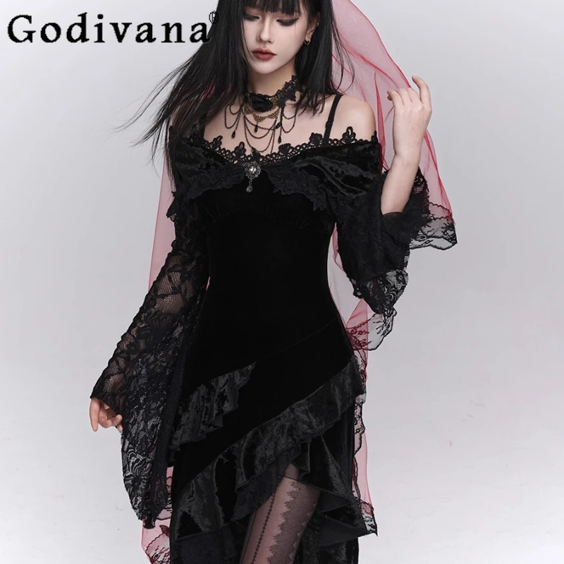 

Halloween Gothic Style Women's Dress Stunning Off Shoulder Bell Sleeves Dress Female Christmas Role Play Party Lolita Dress