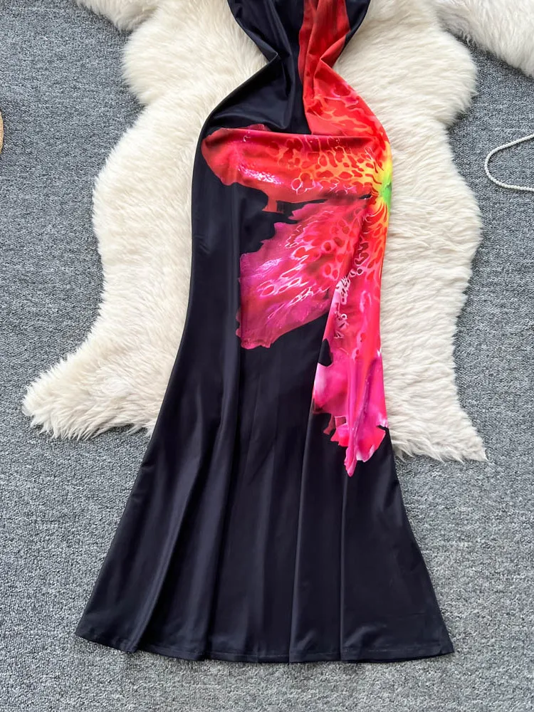 กระโปรงทรงเอเอวสูงพิมพ์ลายแฟชั่นฤดูร้อนสำหรับผู้หญิงสไตล์เกาหลี สายเดี่ยวเซ็กซี่ เหมาะสำหรับเดินทาง