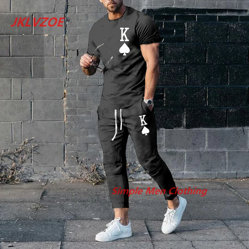 New Men's Trousers Tracksuit 2 Piece Set 3D Printed K Solid Color Short Sleeve T Shirt+Long Pants Street Clothes Male Clothing