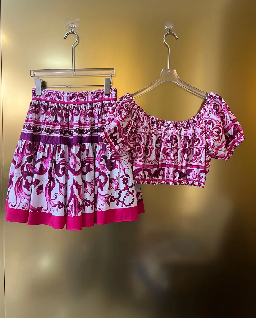 HIGH QUALITY Summer Women Fuchsia And White Porcelain Print Cotton Corset Top and Mini Skirt Set Fashion Holiday Outfit 2024