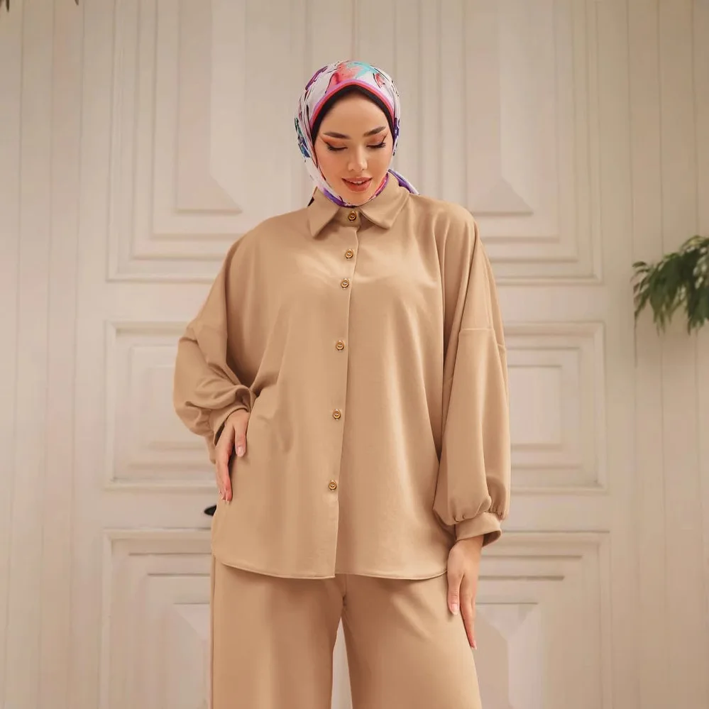 

New Muslim Women Shirt Trousers 2 Piece Set Dubai Abaya Turkey Kaftan Islam Clothing Tops Pant Outfits Femme Musulmane Ensembles