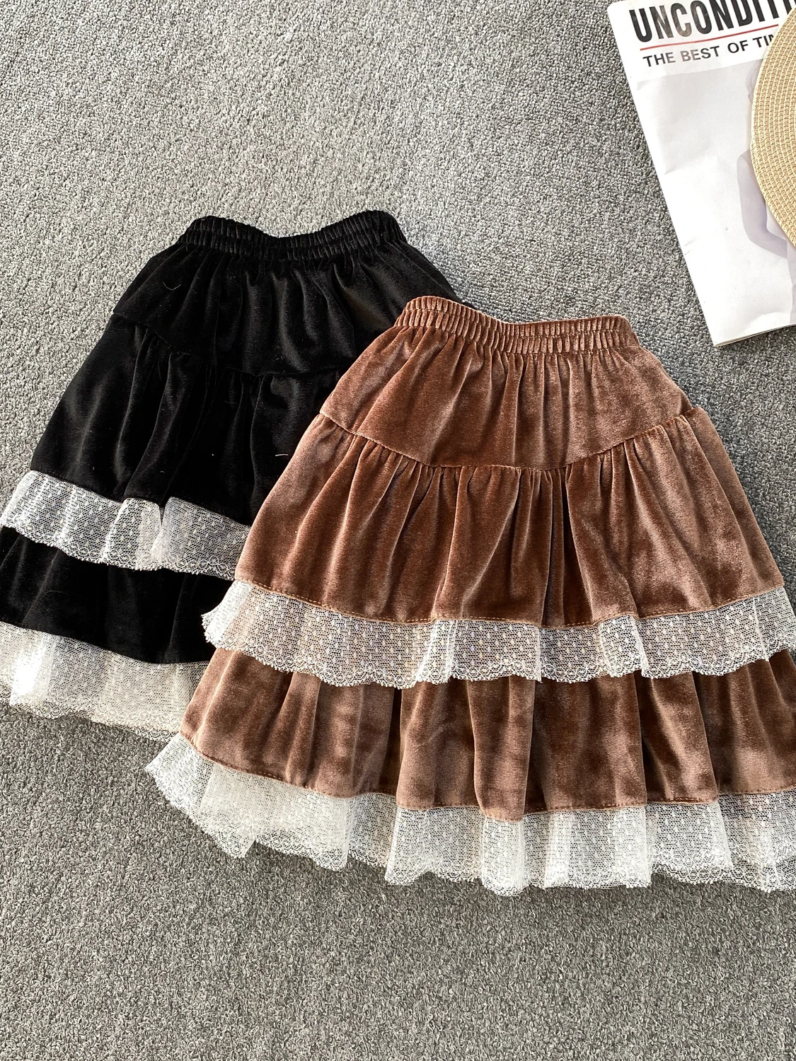 

Коричневая бархатная юбка-тортик, женская маленькая размерная милая кружевная юбка с высокой талией, тонкая антилегкая юбка трапециевидной формы