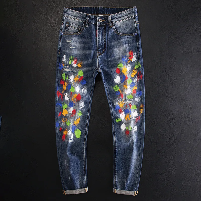 

High-end Paint-splashed Colorful Graffiti Jeans for Men Slim Fit Stretchy European and American Style Fashion Streetwear Handsom