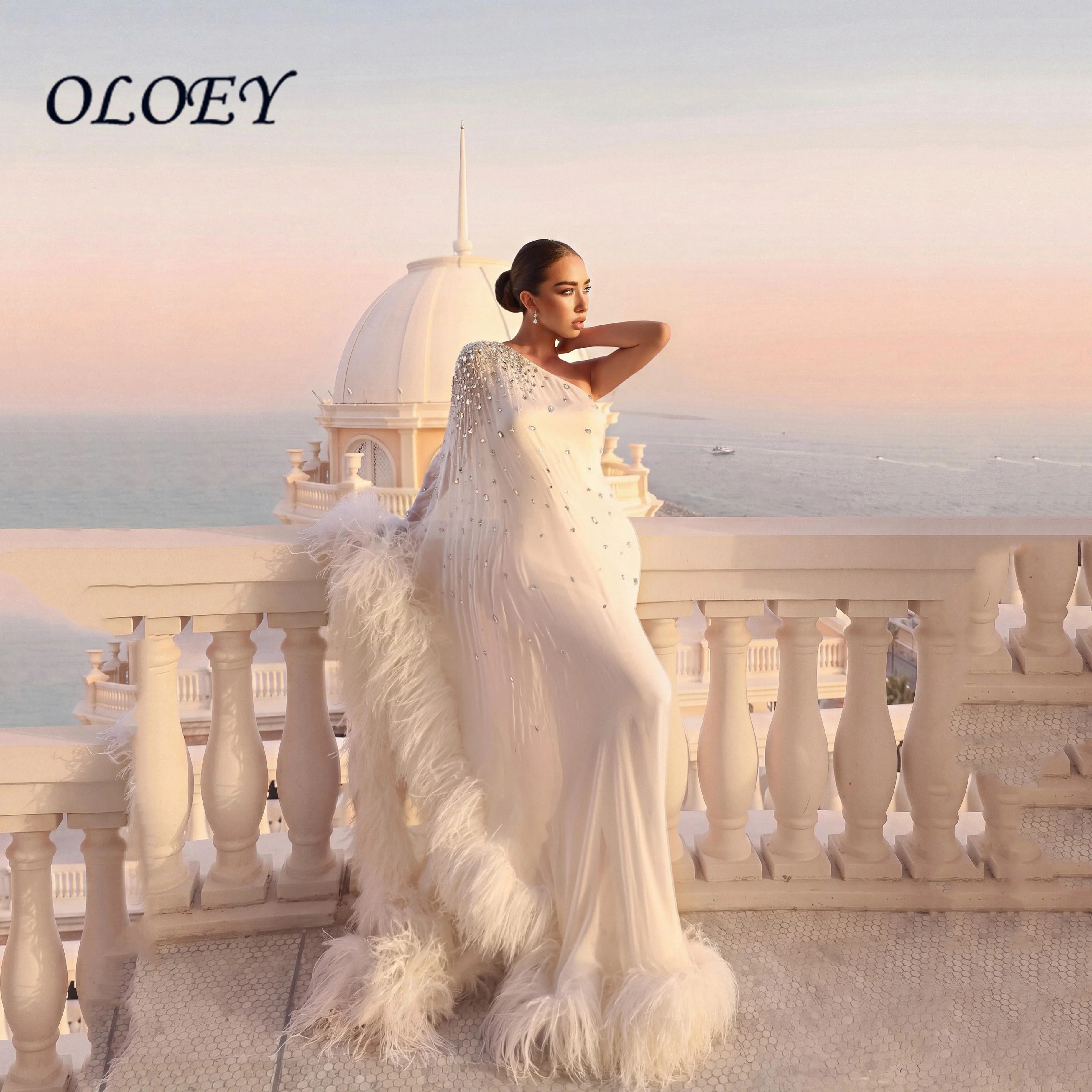 OLOEY Luxury Feathers Dubai Arabic Women Formal Evening Dresses White One Shoulder Straight Occasion Prom Gowns Beaded