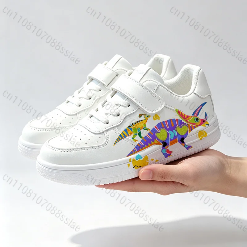 Kids Casual Sneakers Colorful Dinosaur Print White Board Shoes Boys Girls Lightweight Non Slip Toddler Children Sport Footwear