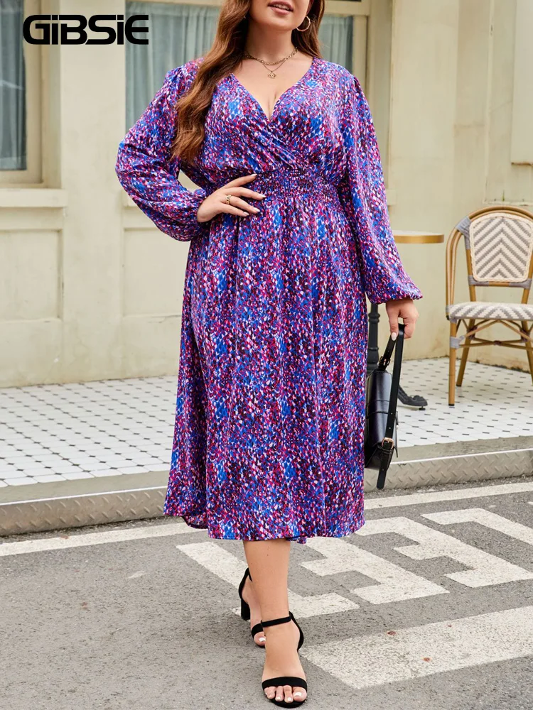 GIBSIE Plus Size Boho Causal Print Long Dress Wrap V Neck Full Lantern Sleeve Eleganckie sukienki o linii A z wysokim stanem dla kobiet 2024