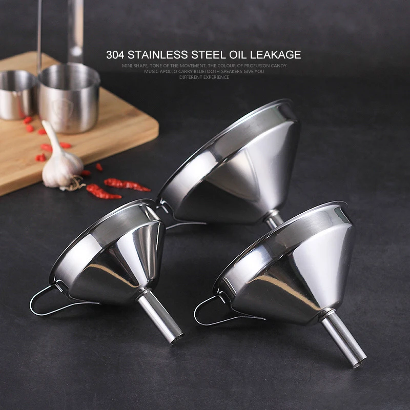 Embudo de acero inoxidable 304 para cocina, dispensador de aceite, vino y líquido con colador extraíble de malla, 10cm, 12cm, 14cm